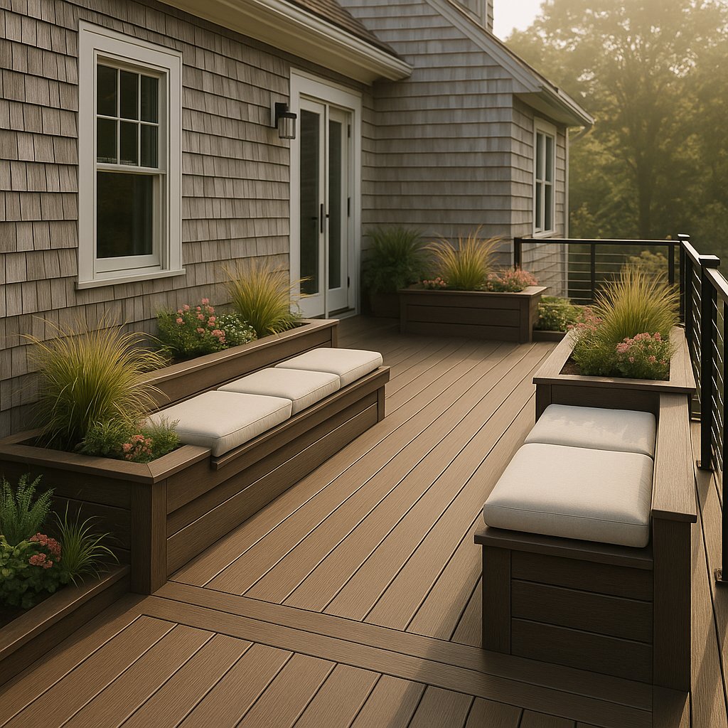 Composite deck with built-in seating and planters