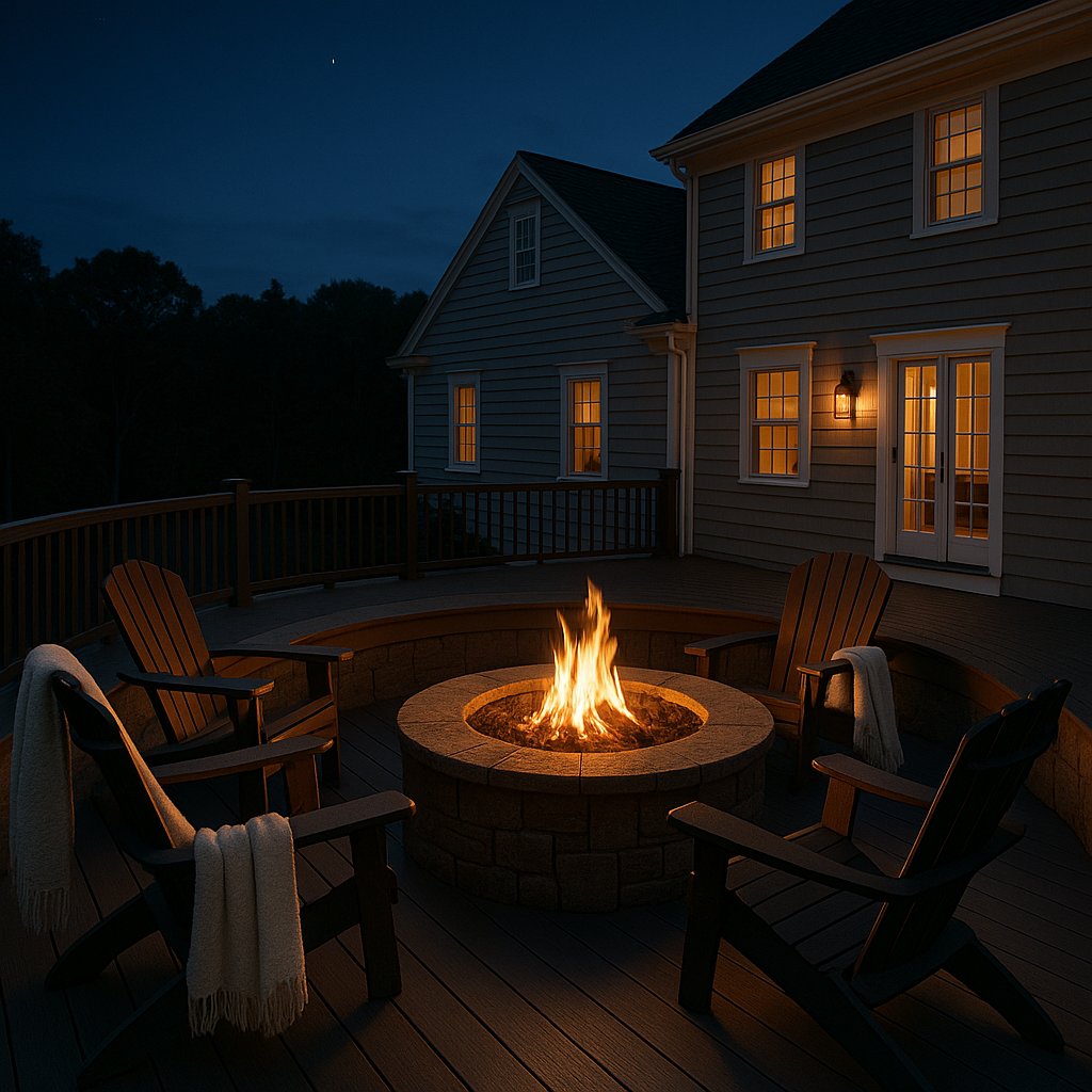 Composite deck with stone fire pit at twilight