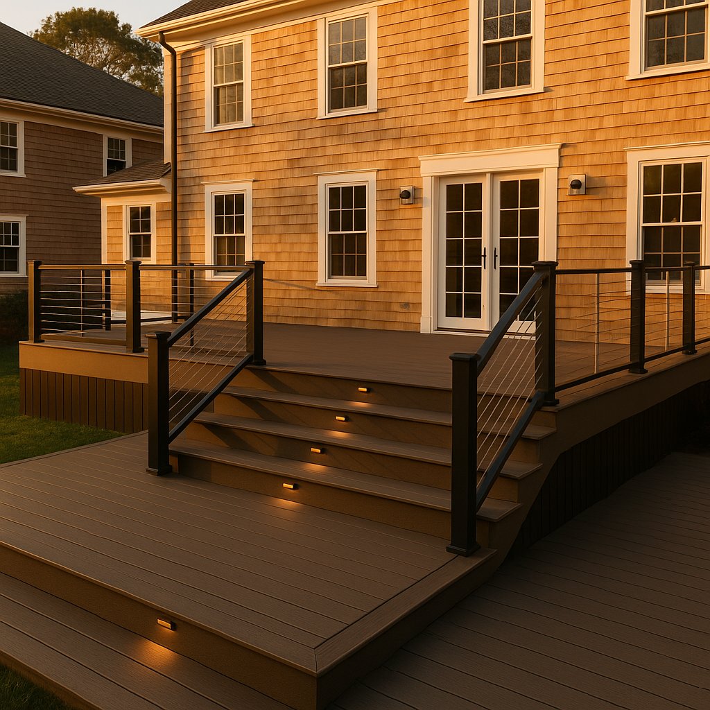 Custom multi-level composite deck with cable railings