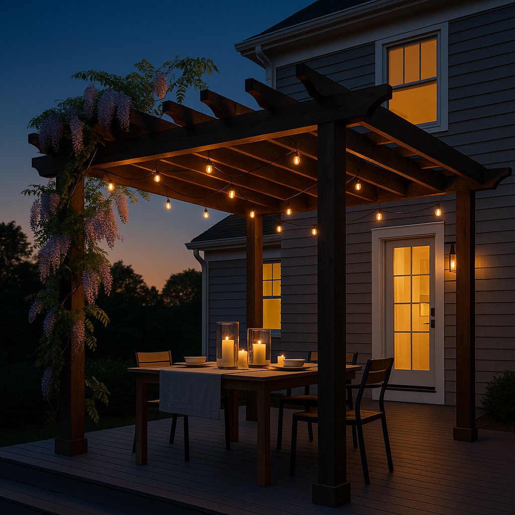Cedar pergola over composite deck at dusk