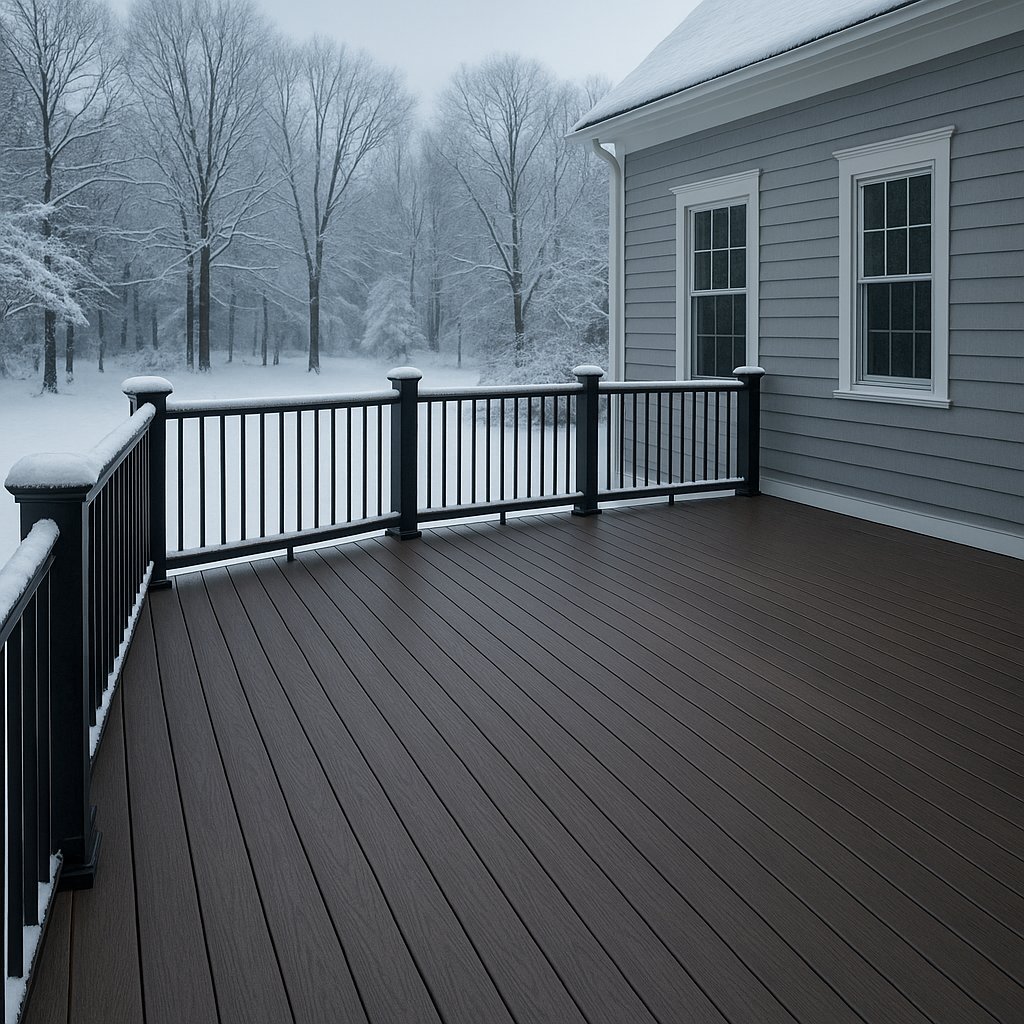Composite deck in winter, surrounded by snow